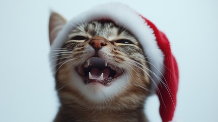 An orange cat in a Santa hat playfully yawns in a festive mood.