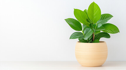 Fototapeta premium vibrant green plant in simple wooden pot on light background
