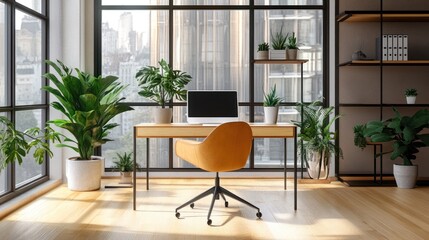 Modern Workspace with City View; ideal for productivity, home office