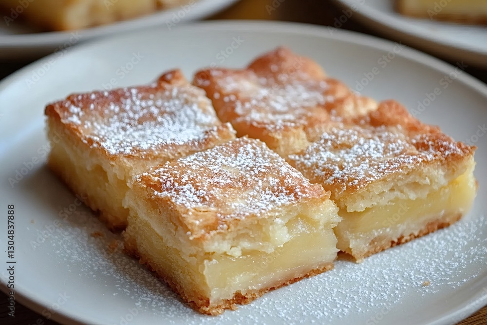 Poster four squares of lemon bars resting on a white plate, dusted with a generous layer of powdered sugar,