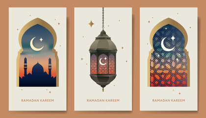 Collection of modern style Ramadan Kareem greeting cards. Windows and arches with moon, mosque dome and lanterns. Modern Islamic template design. Poster and social media banner, vector illustration