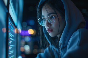 A young Asian woman with glasses wearing a hooded sweatshirt, focused on coding in a dimly lit environment with colorful screens behind her.