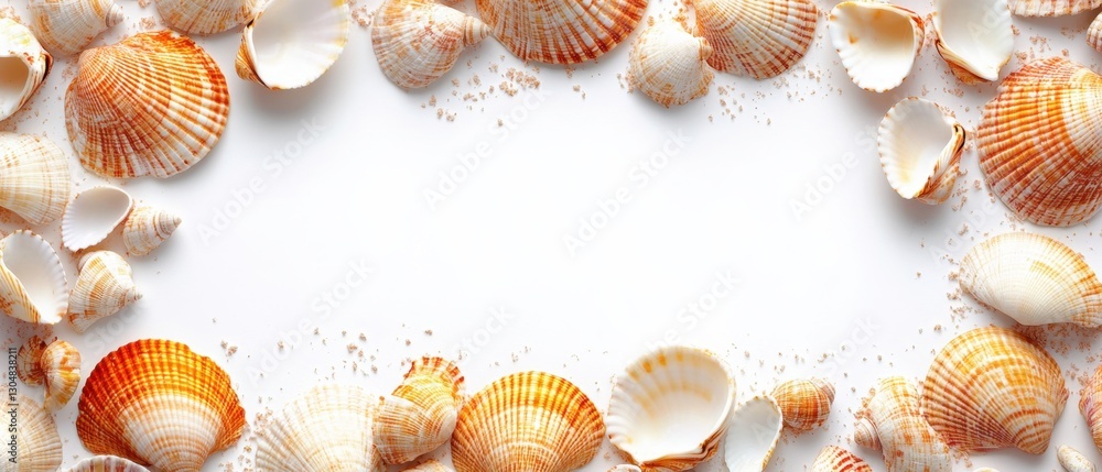 Poster seashells arranged on white background creating a frame for text summer vacation vibe top view flat 