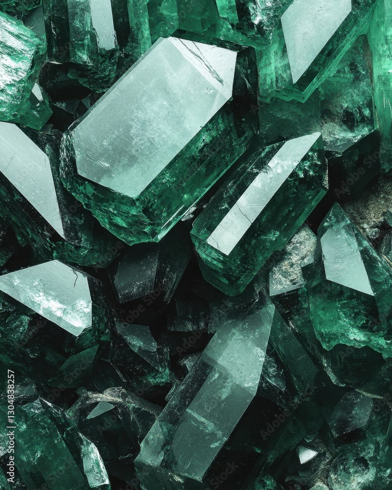 Poster captivating emerald crystals gleaming with light and shadow showcasing intricate facets and vibrant 