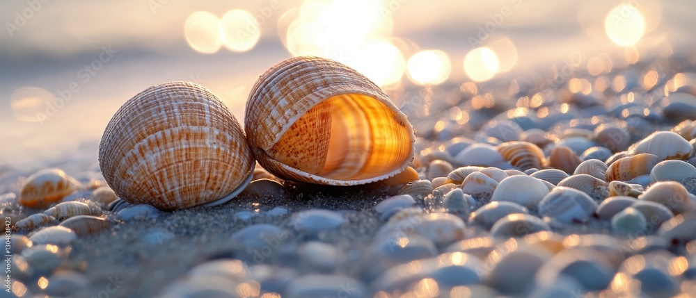 Poster golden hour serenity on the beach featuring seashells and soft light creating a tranquil coastal atm