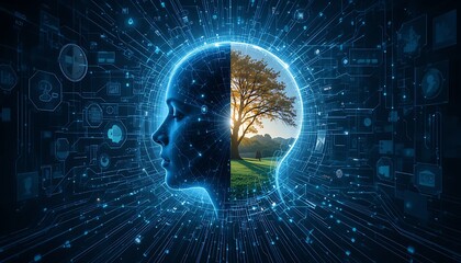 A human head split between a digital landscape and a peaceful natural scene, symbolizing the impact of technology on mental health and wellness