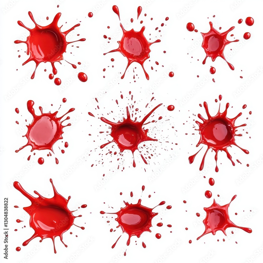 Poster dynamic collection of vibrant crimson paint splatters against a clean white canvas showcasing artist