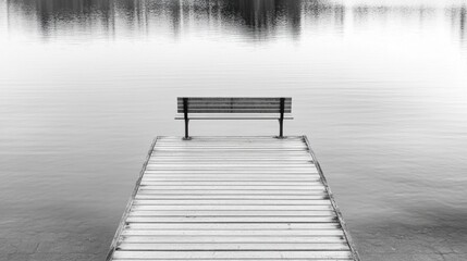 Fototapeta premium Serene Black and White Landscape with Empty Bench on Pier Overstill Water Reflection