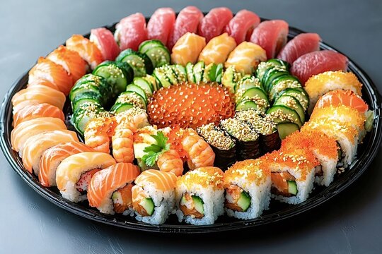 Diverse sushi assortment featuring maki, nigiri, sashimi, shrimp, cucumber rolls, and red caviar, beautifully arranged on a round black platter