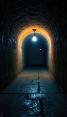 Obraz premium Dimly lit tunnel with single glowing bulb at end, path, brightness, darkness