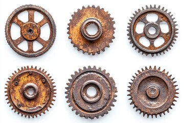 Collection of Weathered Gears Displaying Industrial Decay and Timeless Mechanical Artistry on White Backdrop