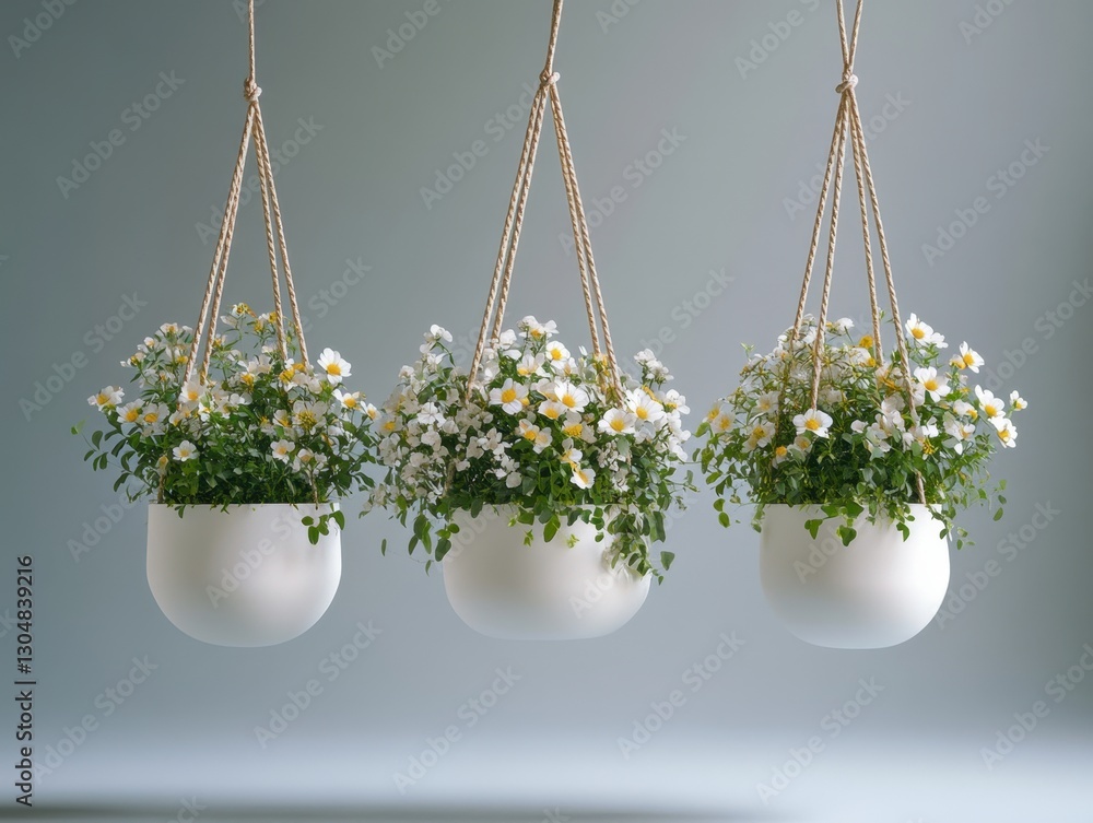 Poster Serene display of three hanging flower pots with delicate white blossoms against a calming gray backdrop in a studio setting