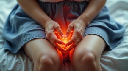 Hands Forming a Glowing Heart Shape on a Blue Dress