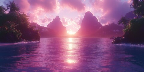Serene Tropical Sunset Pink Sky over Ocean and Mountains Peaceful Island Paradise Scene