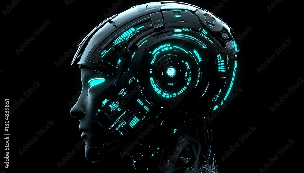 Poster ai robot head profile with glowing inner circuits, futuristic design, cybernetic intelligence, innov