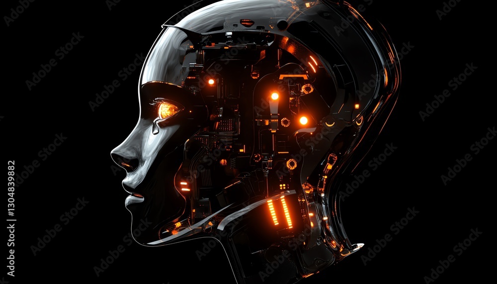 Poster ai robot head profile with glowing inner circuits, futuristic design, cybernetic intelligence, innov