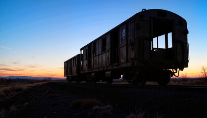 Obraz premium Solitary burned train silhouette at sunrise, atmosphere of desolation