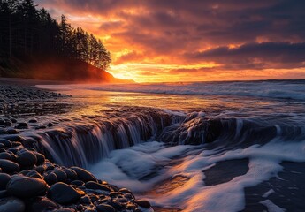 Breathtaking Sunset over Ocean Waves at Rocky Beach with Trees Silhouetted Against Colorful Sky and Calm Water Reflections in the Background