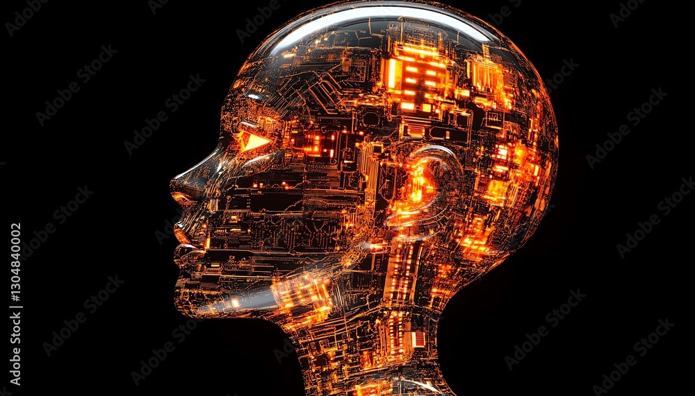 Poster ai robot head profile with glowing inner circuits, futuristic design, cybernetic intelligence, innov