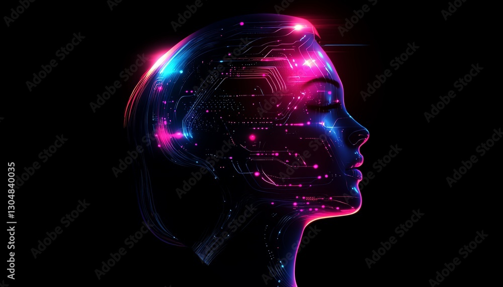 Poster ai robot head profile with glowing inner circuits, futuristic design, cybernetic intelligence, innov