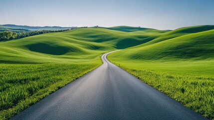 Serene Curving Road Through Lush Green Hills Under Clear Blue Sky in Daylight