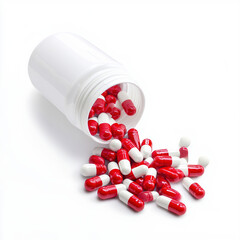 Red and White Capsules Spilled from an Open Plastic Bottle

