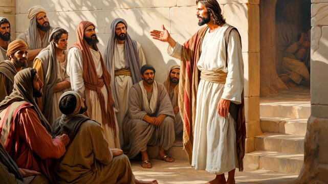Jesus Christ the Son of God teaching by parables and preaching to the people of Jerusalem 4K