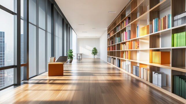 Modern library interior with city view
