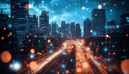 Fototapeta premium Futuristic city grid displaying smart tech for eco urban planning, connected buildings and vehicles, data flow, energy monitoring, sustainable and efficient infrastructure