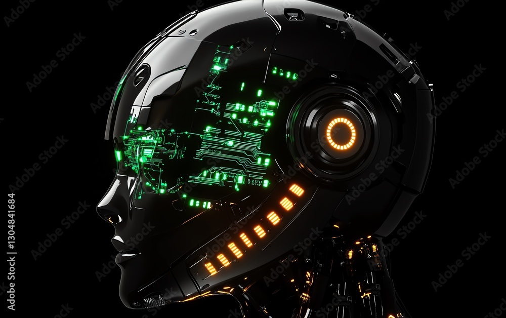 Poster futuristic robot head profile with glowing circuits, cybernetic intelligence, advanced tech design, 