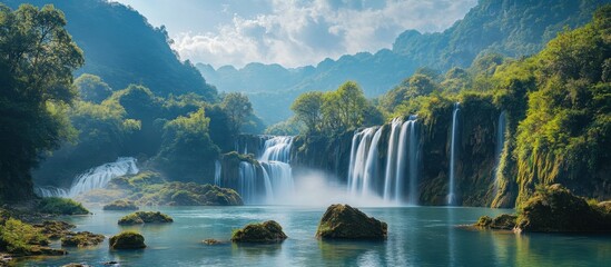 Breathtaking Waterfall Cascading Down Lush Green Mountains Under Clear Blue Sky in Serene Natural Landscape with Gentle Mist and Crystal Clear Water