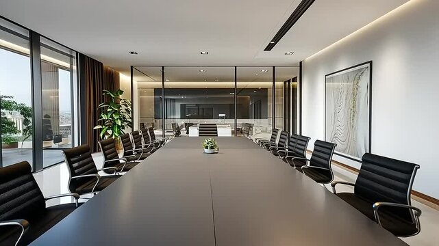 Modern Corporate Boardroom with Panoramic City Views and Glass Partitions