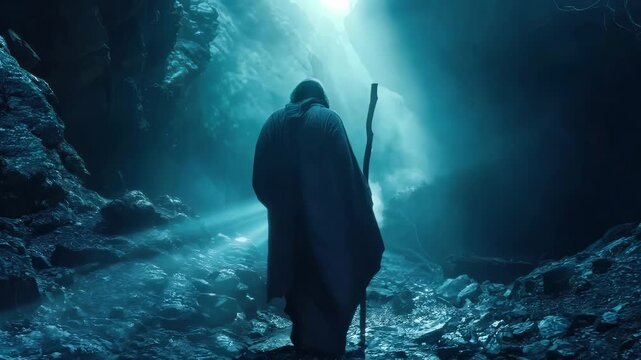 Prophet of God walking through a dark valley toward the heavenly light trusting in God 4K