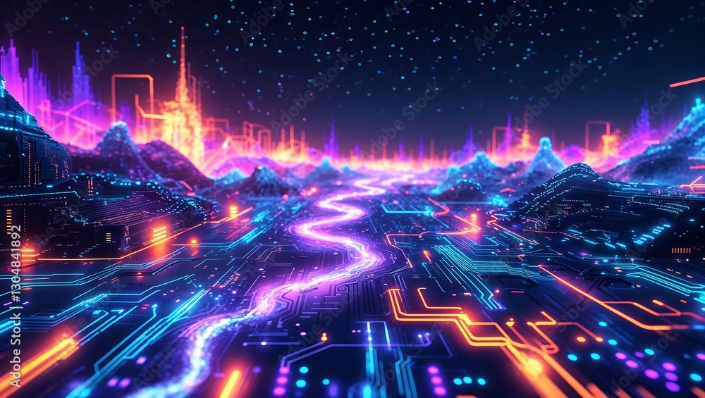 Poster abstract digital landscape with neon lights, circuit patterns, and glowing data streams