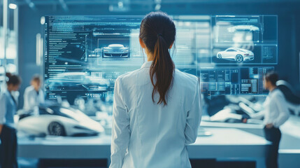 Female Automotive Engineer Uses Digital screen with Augmented Reality for Car Design Analysis and Improvement. 3D Graphics Visualization Shows Fully Developed Vehicle Prototype Analysed and Optimized