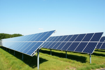 Large solar farm with reflective panels under bright sunlight, renewable energy concept  .