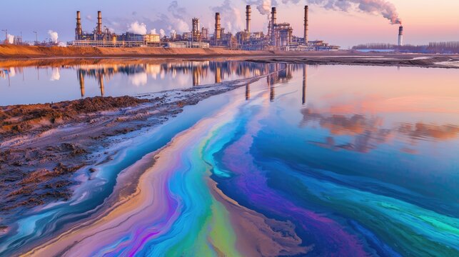 Environmental pollution, industrial oil spill polluting water surface - Powered by Adobe