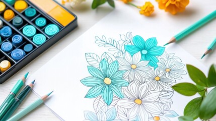 Relaxing art therapy session--detailed flower patterns being colored in a mindfulness book.