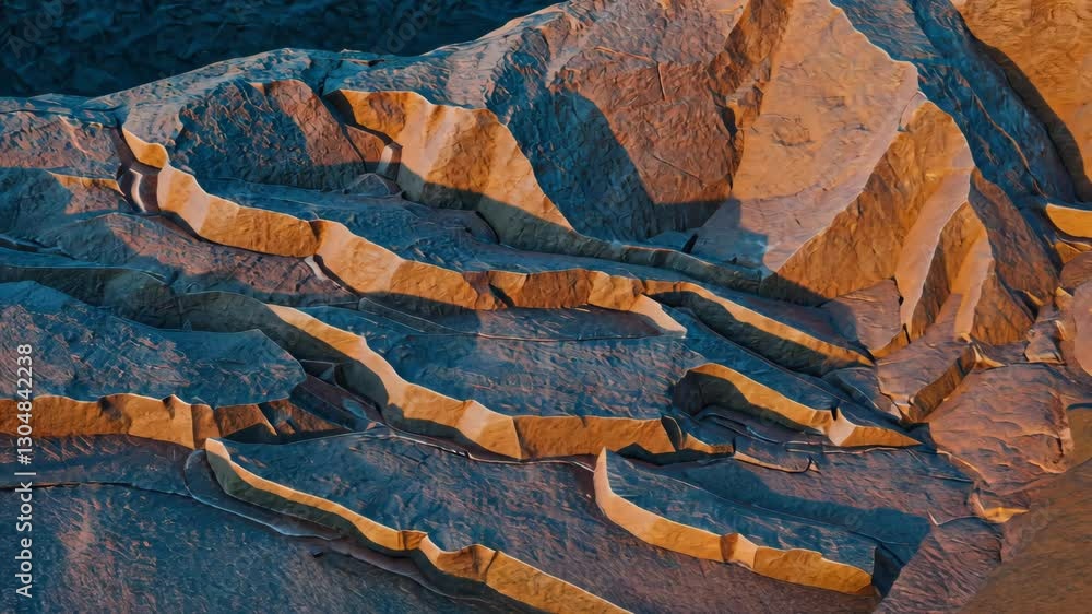 Poster sunlight filtering through layered rock formations, creating dramatic shadows across weathered geolo
