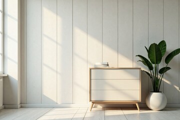 Serene Minimalist Interior Design with Light Wood Chest of Drawers and Tropical Plant in a Bright Room