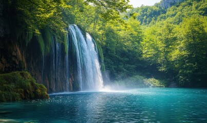 Obraz premium Breathtaking Waterfall Cascading Over Rocks Surrounded by Lush Green Trees in a Serene Natural Landscape with Clear Blue Water and Soft Mist