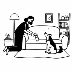 A person playing with a pet outline image. Flat style. Vector illustration.