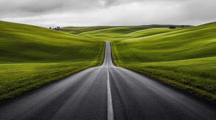 Fototapeta premium Serene Curving Road Through Lush Green Hills Under Moody Cloudy Sky Landscape Photography