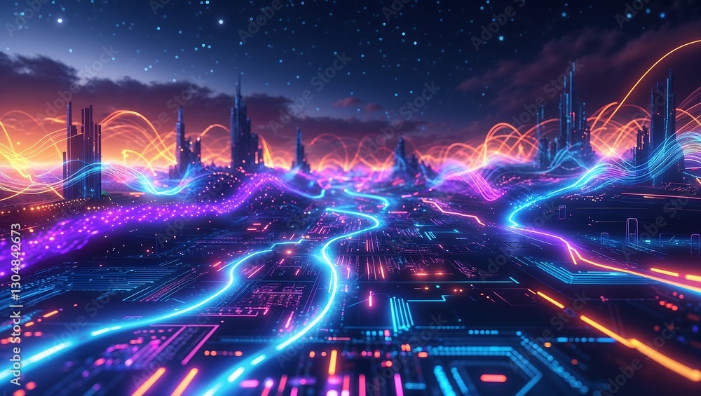 Poster abstract digital landscape with neon lights, circuit patterns, and glowing data streams