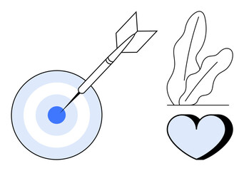 Target hit by arrow showing focus, blue heart symbolizing emotions, and plants denoting growth. Ideal for goal setting, success, strategy, love, mindfulness development well-being. Flat simple