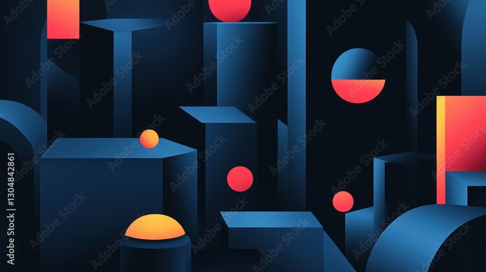 Poster conceptual arrangement showcasing a futuristic architecture with geometric shapes and vibrant contra