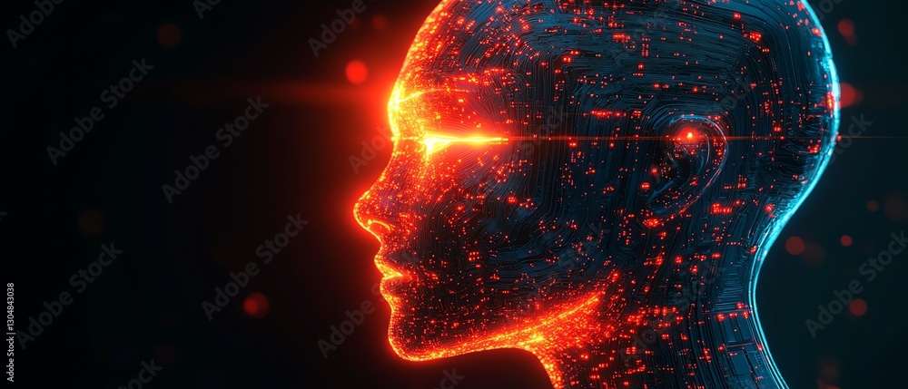Poster robot head profile glowing with circuits, futuristic cybernetic intelligence, modern tech design, ad