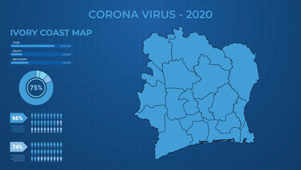 Fototapeta premium Corona Virus Case, Death & Recovery Infographic Map of Ivory Coast. Male & Female Report of Corona Virus in Ivory Coast. Health Map Vector Illustration