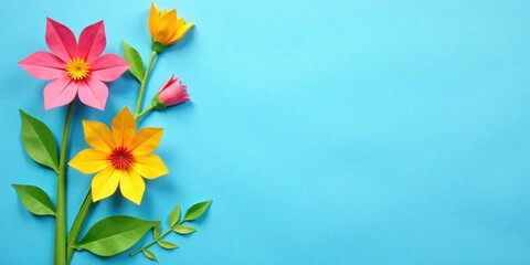 Obraz premium Vibrant Paper Flowers Arranged on a Light Blue Background, Perfect for Springtime Greetings or Festive Decorations