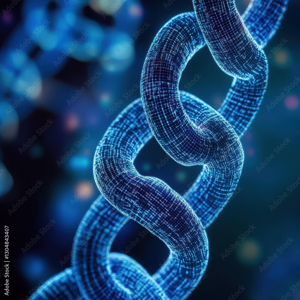 Poster digital visualization of interconnected blue chains representing data transfer and network connectiv